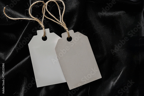 Tag mockup price tag, label design of brand tag, hanging and clothing tag on black background.