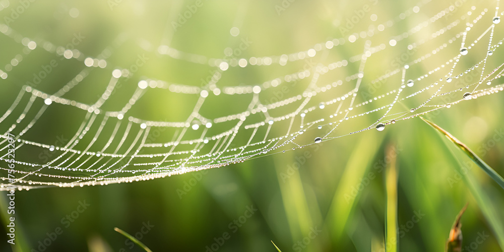 Spiderweb in Grass, Close up of a spider net over green background, Spiderweb after Rain, Spider web with raindrops on blurred background, Generative AI 