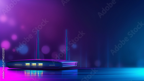 modern black router for home Internet and television networks, online communication on a bright neon digital background with a gradient of blue and pink colors and copy space