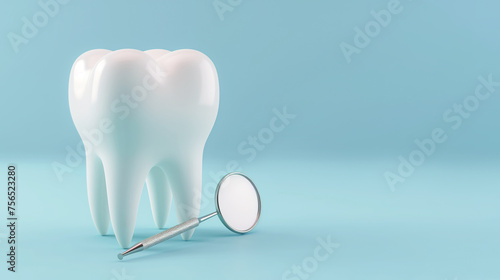 white healthy tooth and dental mirror on a light blue background with free space for text. Dental medical education © Tetiana