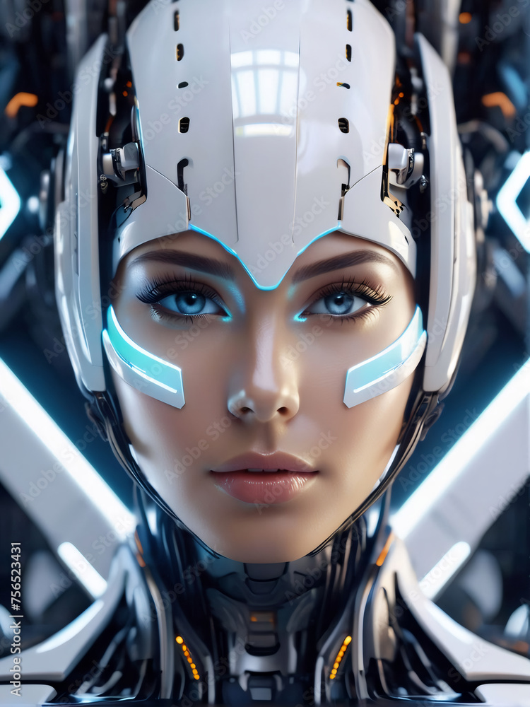 A futuristic humanoid gazes into the camera, blending human and robotic features seamlessly.