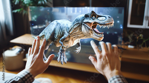 View from inside the Virtual Augmented Reality Glasses. a man s hands control a screen with a hyper-realistic dinosaur. the effect of full presence in a 3D film