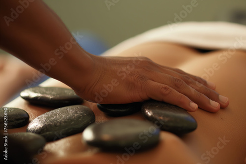 A massage therapist gently massages a client's muscles with hot stones, with the stones' heat penetrating deep into tense areas. Generative AI