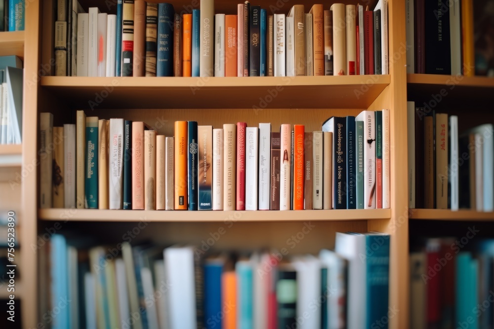 Diverse array of books displayed on library shelves from various angles and perspectives Diverse array of books displayed on library shelves from various angles and perspectives