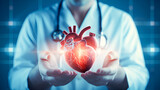 .A glowing human heart in the hands of a cardio surgeon on an electronic blue background with a cardiogram. heart surgery concept