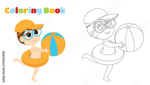 Coloring page. The boy in summer beach shorts and glasses and baseball caps run with a ball in his hands. Cartoon illustration.