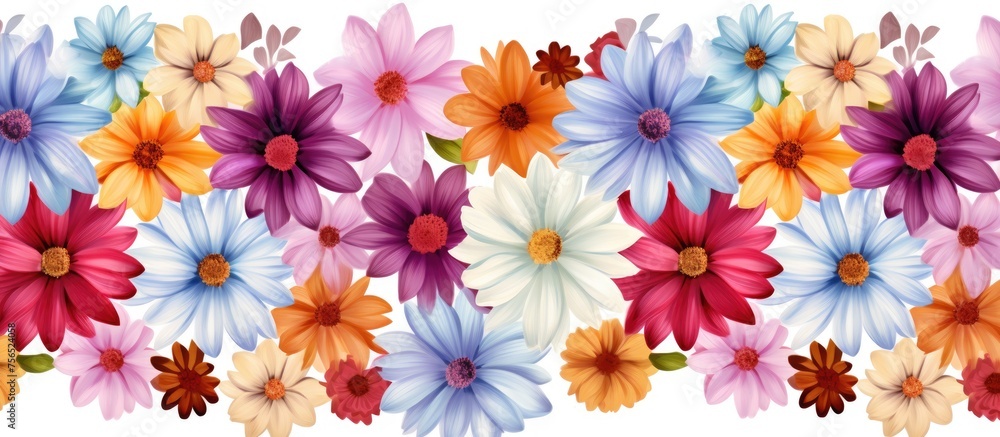 Seamless pattern of flowers in various colors on a white background. Designed for decorative use on various surfaces and items. Seamless pattern of flowers in various colors on a white background. Designed for decorative use on various surfaces and items.