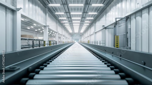 Modern conveyor belt in a white manufacturing warehouse