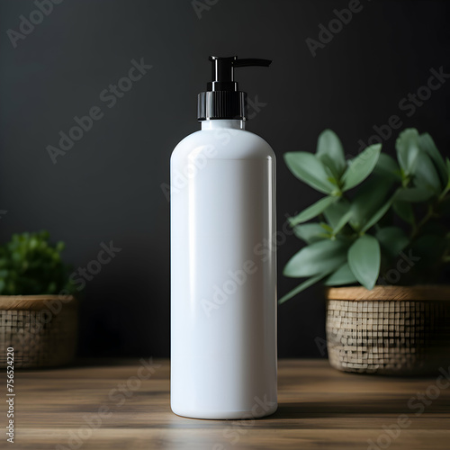 Cosmetic white bottle with liquid dispenser for shower gel, soap, shampoo or lotion, empty mockupю Organic cosmetic products. Advertising commercial photo © Olena