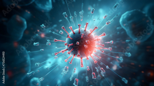 Visualization of disease treatment. Close up banner of floating virus cells, bacteria, microbes on blurred background with copy space. Abstract 3d render visualization of covid, flu, infection disease photo