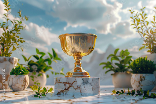 A marble pedestal with a golden trophy on it, surrounded by green plants and a blue sky.