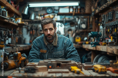 A skilled craftsman posing in a well-equipped workshop full of tools and woodworking machinery