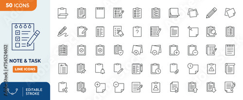Note & Task line editable icons set. Containing  task, clipboard, cheklist, notes, notebooks and More. Editable stroke. Vector illustration	