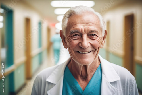 Portrait of happy older man doctor. Beautiful and satisfied healthcare worker in clinic looking at camera. 2/3 space for text. medical worker day concept.