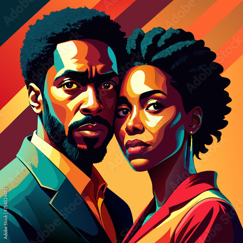 Portrait of black african american couple embracing each other. Flat vector illustration 