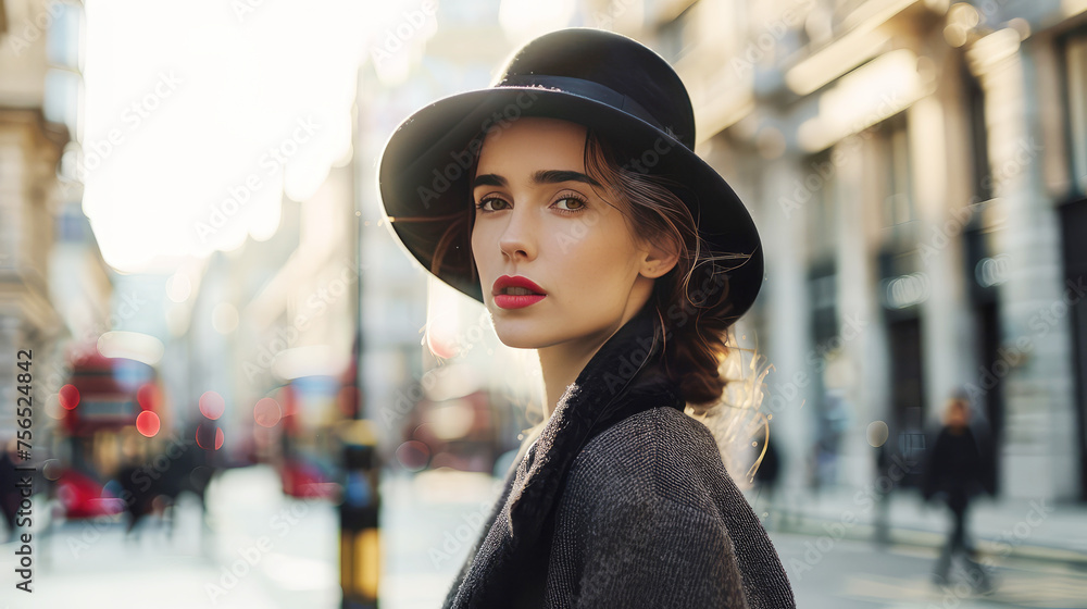 Portrait of a sophisticated English woman wearing a hat in London, epitomizing elegance and British charm, against the backdrop of an iconic cityscape, looking at the camera