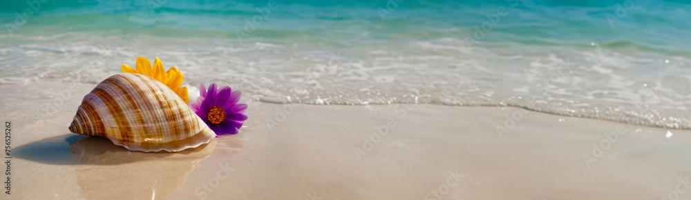 A close-up of a seashell with flowers on the sand. Ocean in the background. Summer vacation concept for banner, flyer, poster, postcard with copy space. A close-up of a seashell with flowers on the sand. Ocean in the background. Summer vacation concept for banner, flyer, poster, postcard with copy space.