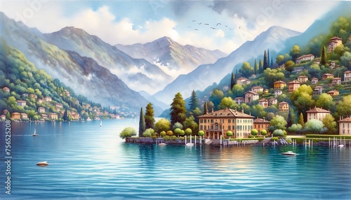 Watercolor landscape of Como Lake in Italy