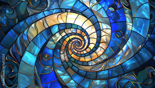 Close-up of blue and golden stained glass window depicting spiral