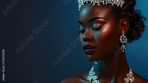 Beautiful black bride isolated on dark navy background with copy space