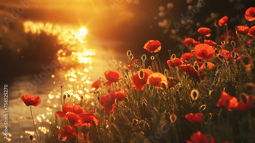 Summer evening river side, a field of red poppies, glow of golden sunset, reflects of sunlight, beauty evening sunset. 