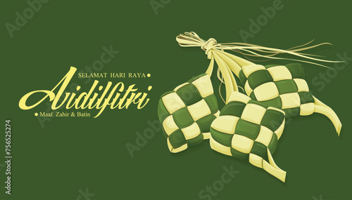 Hari Raya Aidilfitri background design with ketupat. Malay means Fasting day celebration, I seek forgiveness, physically and spiritually.