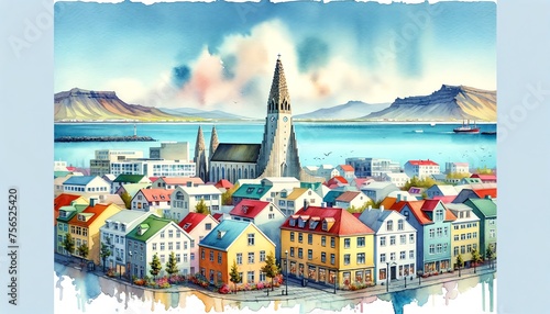 Watercolor landscape of Reykjavik, Iceland