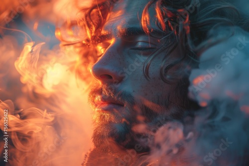 A creative blurred portrait overlayed with smoke-like flares, suggesting mystique and abstract artistry