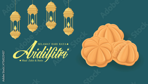 Hari Raya Aidilfitri background design with Kuih Raya. Malay means Fasting day celebration, I seek forgiveness, physically and spiritually.
