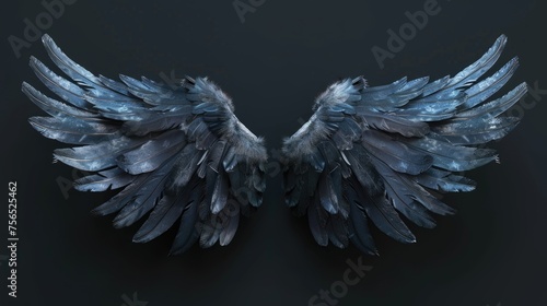 Black angel wings isolated on black background, fantasy feather wings for fashion design, cosplay and party dress up photo