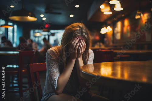 Lonely unhappy woman sitting alone with glass of whiskey, hiding face in hands, thinking about problem at work or relationship problems, feeling desperate and depressed, alcohol addiction concept photo