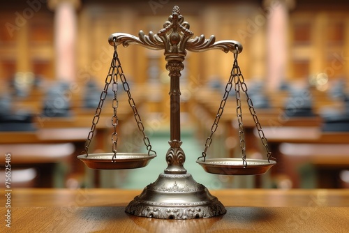 An ornate bronze scale symbolizing justice, central in a courtroom setting with blurred background