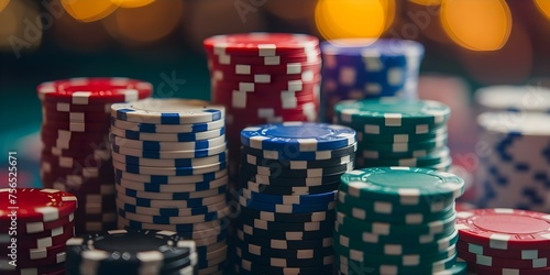 Pile of vibrant chips organized in a casino as a representation of gambling and chance. Concept Casino Chips, Gambling, Chance, Vibrant Colors, Card Games