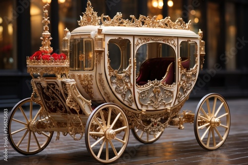 A detailed miniature golden carriage on a street