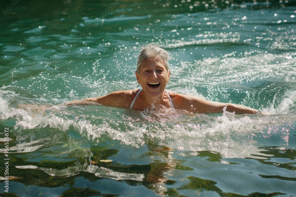 Happy mature woman basking in sunlit water on warm summer day