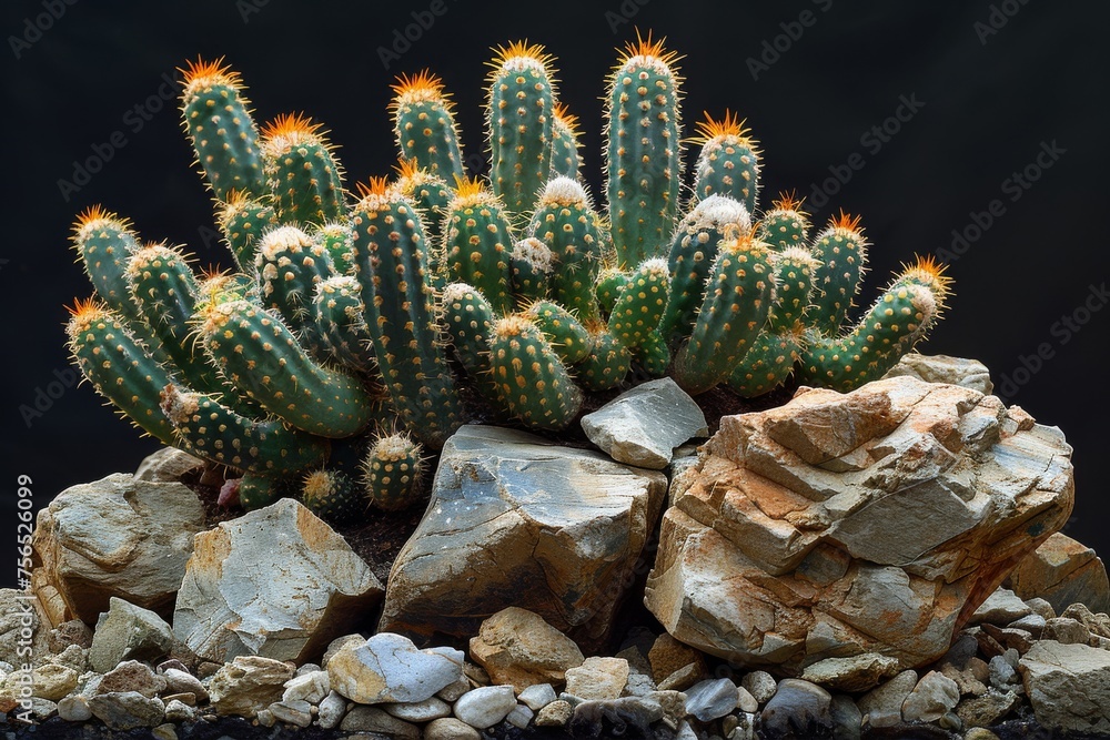 Multiple cacti with orange blooms nestled among rocks under a dramatic black background symbolizing solitude Multiple cacti with orange blooms nestled among rocks under a dramatic black background symbolizing solitude