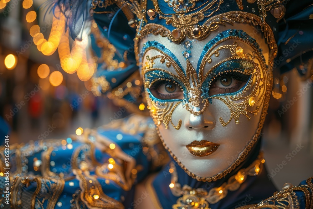 Luminous city lights backdrop a masked figure in an ornate blue Venetian costume