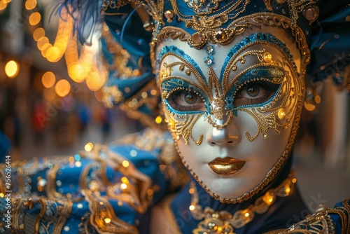 Luminous city lights backdrop a masked figure in an ornate blue Venetian costume © Larisa AI