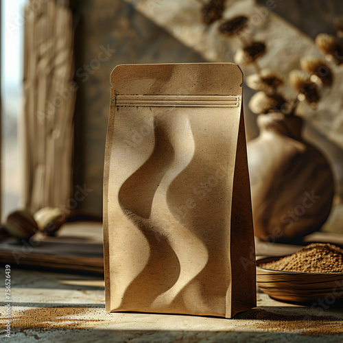 modern minimalism visual,kraft paper texture,pouchspecial pouch with bisymmetry S shape in the center,a midiumshot with inkillustration photo