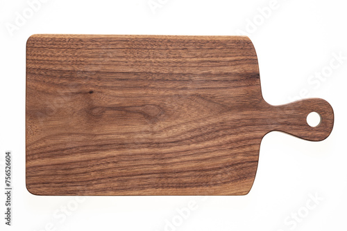 Cutting board isolated on white. Handmade walnut wood chopping board with knife score on white background 