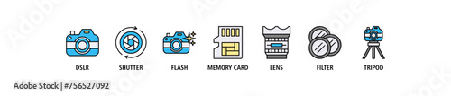 Camera banner web icon set vector illustration concept with icon of dslr, shutter, flash, memory card, lens, filter, tripod