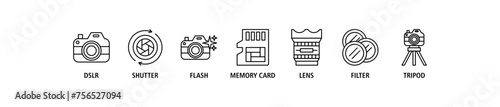 Camera banner web icon set vector illustration concept with icon of dslr, shutter, flash, memory card, lens, filter, tripod