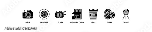 Camera banner web icon set vector illustration concept with icon of dslr, shutter, flash, memory card, lens, filter, tripod
