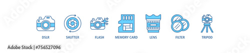 Camera banner web icon set vector illustration concept with icon of dslr, shutter, flash, memory card, lens, filter, tripod