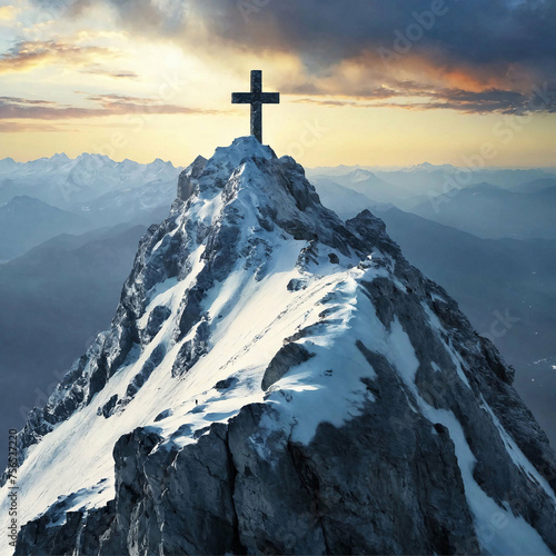 Ein Berggipfel mit einem christlichen Kreuz photo