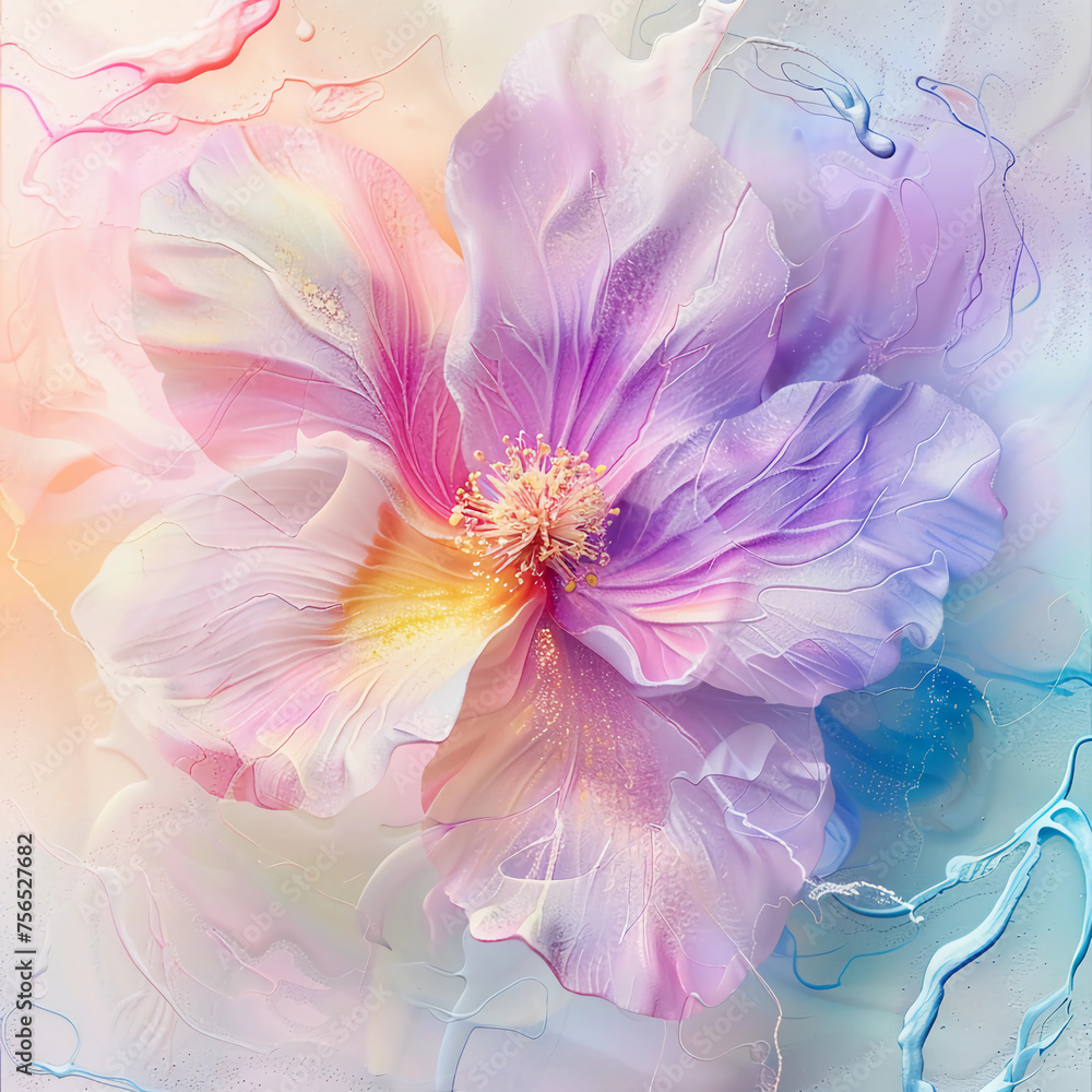 Obraz premium Fluid abstract expressionism, blooming flowers, Aesthetics colorful floral inspirational tenderness illustration, oil paint, Wall decorative photo, Generated AI.