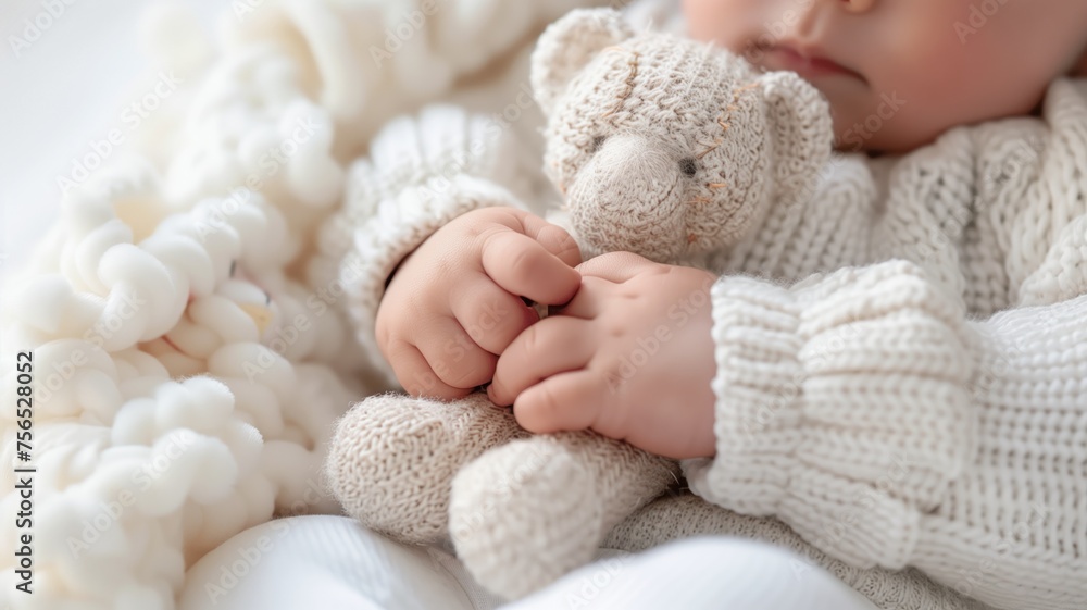 Baby holding a toy bear while sleeping - obrazy, fototapety, plakaty 