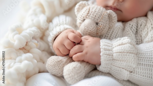 Baby holding a toy bear while sleeping photo