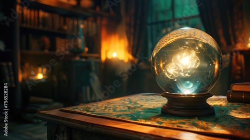 Enchanted crystal ball on an ancient spell book in a mystical library