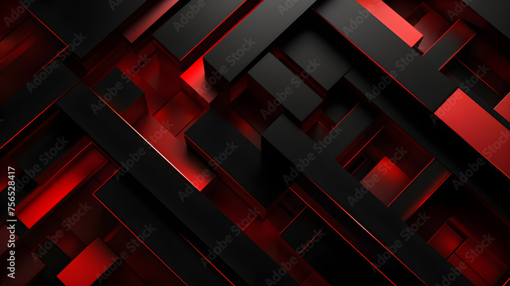 Abstract 3d banner with pattern of red and black squares, rectangles. Monochrome trending background with geometric texture. Simple modern wallpaper with copy space. Template for design card, pattern - obrazy, fototapety, plakaty 
